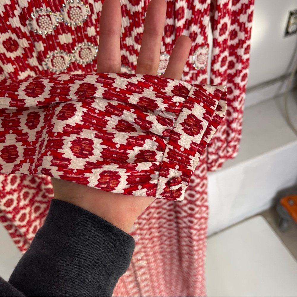 Tory Burch Red Textured Printed Long Sleeve Crystal Embellished Maxi Dress 4 - Picture 6 of 12